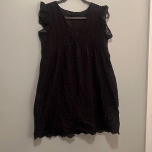 Women's Black Broderie Anglaise V Neck Sleeveless Tunic Dress